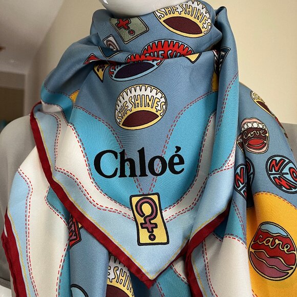Chloé Silk Scarf - Blues - Authentic - Picture 9 of 17